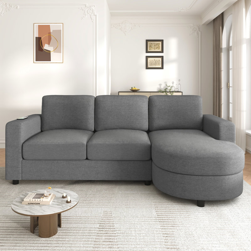 Canapé modulaire moderne en L de 84,6 po avec méridienne courbée, ports USB et poches de rangement latérales pour le salon, gris