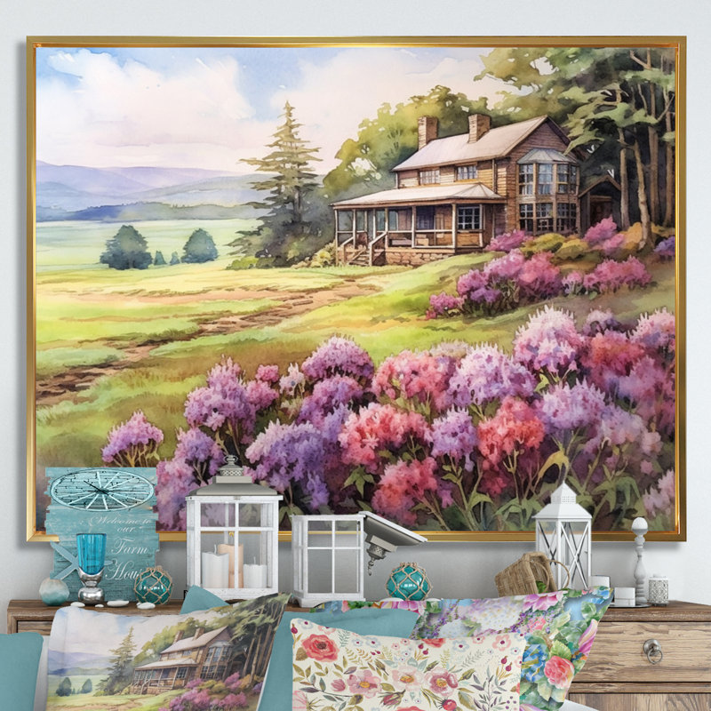 Rhododendron «Blooms at Farm III» sur toile, Cadre flottant doré, H 24 po x l 32 po x P 1 po