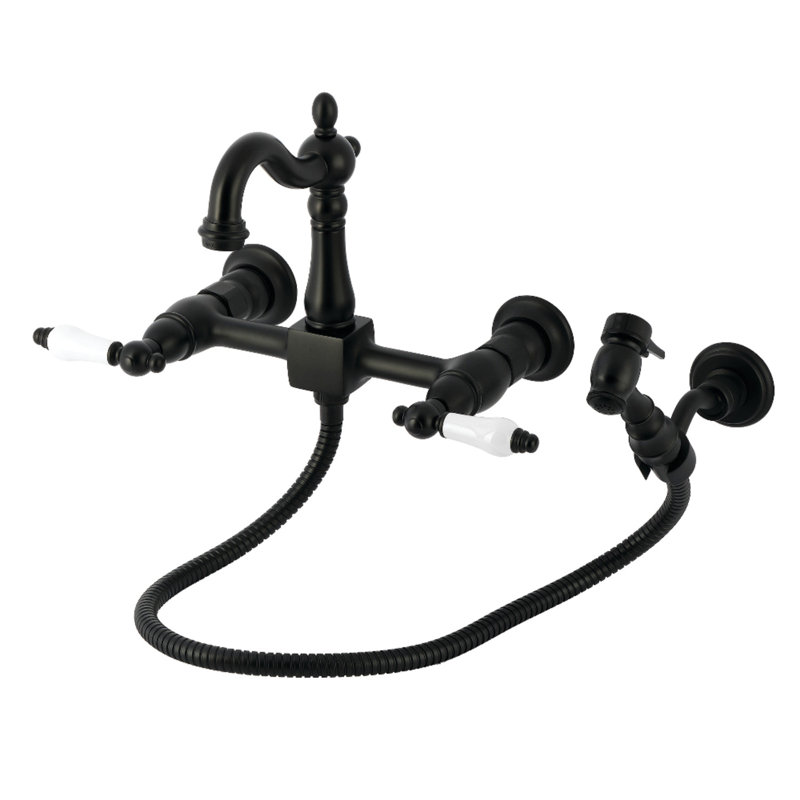 Kingston Brass Heritage Double-Handle 3-Hole Wall-Mount Bridge Kitchen Faucet With Brass Sprayer, Matte Black
