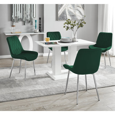 Eubanks High Gloss Double Pillar Dining Table Set with 4 Luxury Velvet Upholstered Dining Chairs