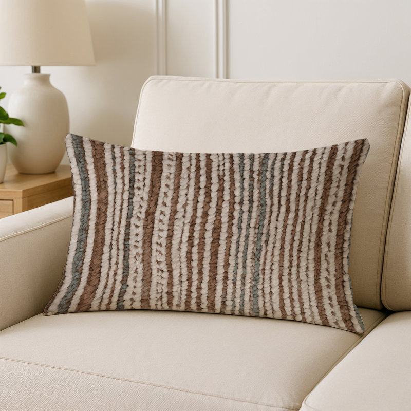 Coussin décoratif intérieur et extérieur Modern, Brun / ivoire / rayures grises, Rectangle H 25 po x l 18 po