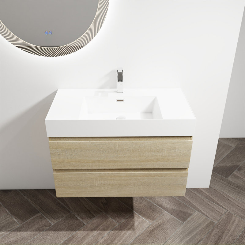 Meuble-lavabo mural 36 po avec lavabo en résine, Chêne clair
