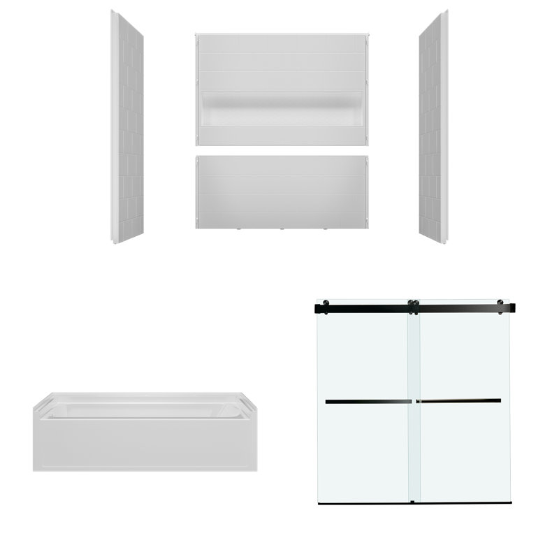 WOODBRIDGE 60" x 32" Alcove Soaking Bathtub & 4-Piece Direct-to-Stud Surround with Left Drain & 57.5–60" Frameless Double Sliding Tub Door with Soft-Close, Clear Tempered Glass, Brushed Nickel