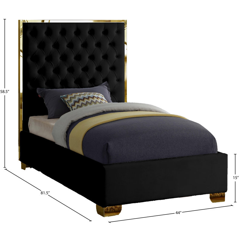 Spadaro Upholstered Platform Bed, Black Velvet, Gold, Twin