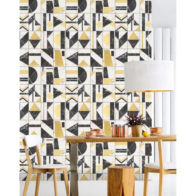 Manhattan Geometric Wallpaper Roll, Taupe/Black/Gold