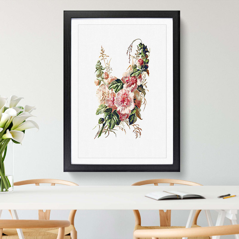 Hollyhock Flower Illustration - Framed Print, 48cm H x 36cm W x 2cm D, Black Framed