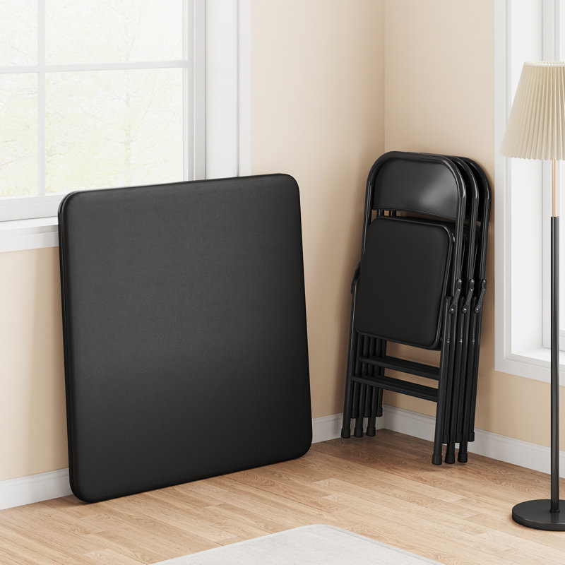 Folding Table, 33.6-Inch Portable Square Folding Card Table,  Metal Folding Table With Pu Soft Cushion 4 Chairs, Black