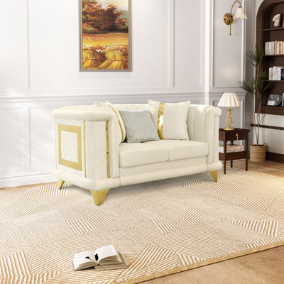 Velvet Sofa With Gold Stainless Steel Trim And Embroidered Detailing, Mid-century Modern Tufted Couch With Decorative Pillows