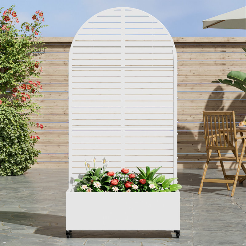 Arch Metal Planter Box with Trellis with Wheels, 72" H x 35" W x 16" D, White