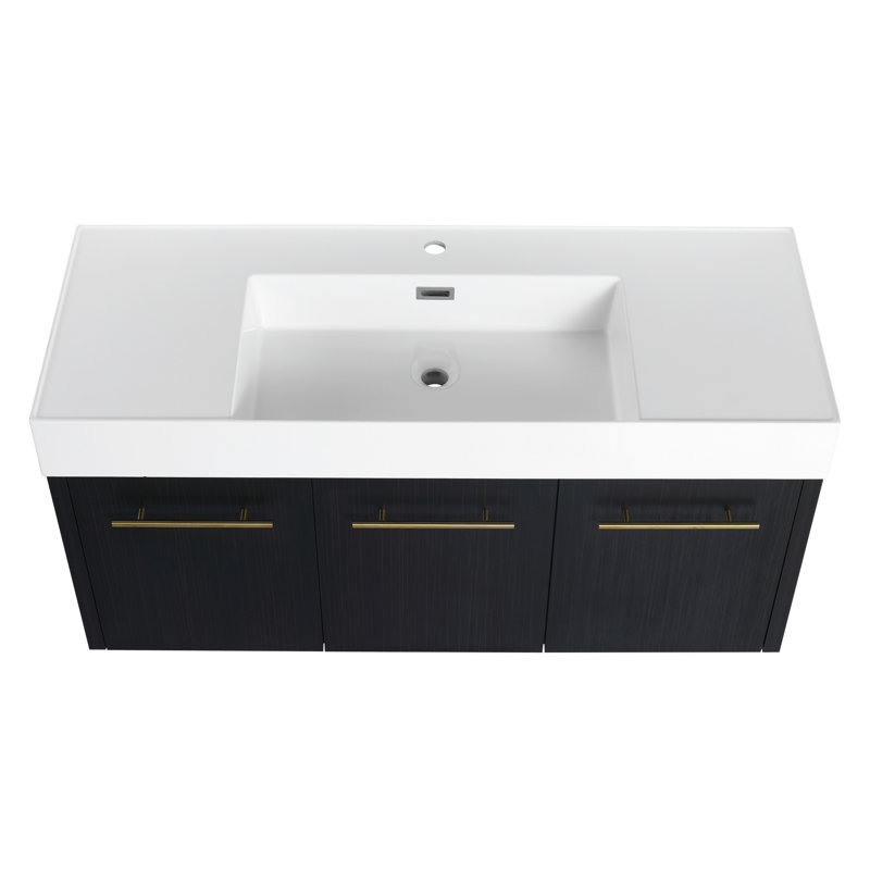 Meuble-lavabo mural: armoire de 48 po, lavabo en résine épaisse, support de rangement à trois niveaux et portes en bois de châtaignier noir durable avec évier à fermeture en douceur, contreplaqué