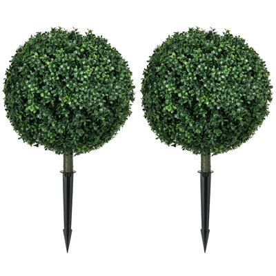 Set of 2 Artificial Boxwood Topiary Trees with Ground Stakes