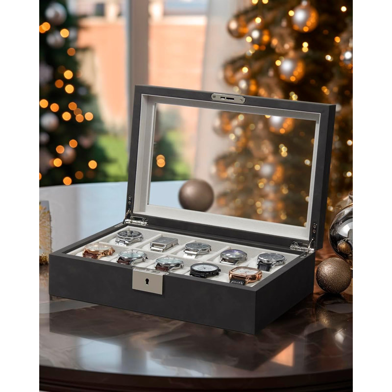 10-Slot Watch Box in Leather with Valet Drawer, Luxury Watch Case Display Organizer with Ultra Soft Microsuede Liner