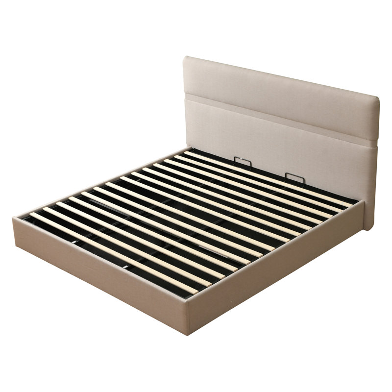 Upholstered Platform Bed with Hydraulic Lift Storage, Padded Headboard, No Box Spring Needed, King, Beige