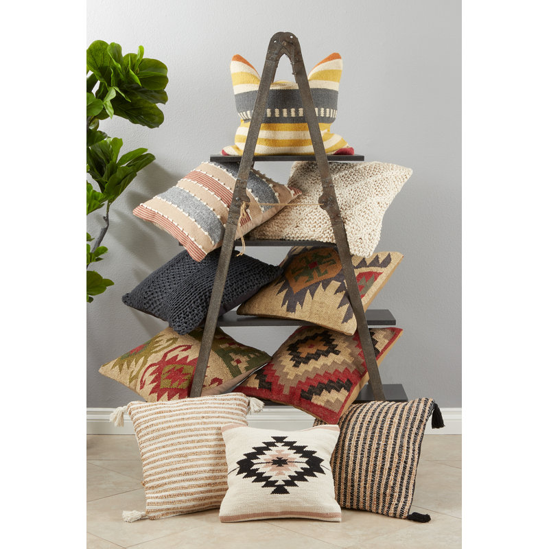 Natural Kilim Design Cotton Throw Pillow with Down Filling, 18"