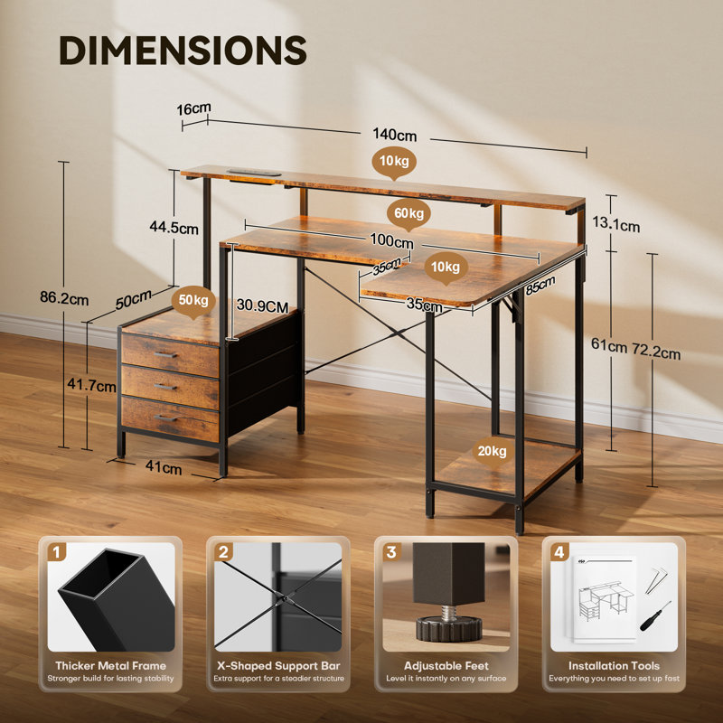 L-Shaped Steel Computer Desk with Built-In Electrical Outlet, Brown/Black