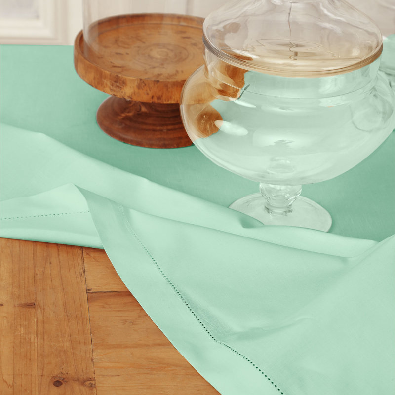 Cotton Linen Hemstitch Tablecloth, Aqua, 84" x 60"