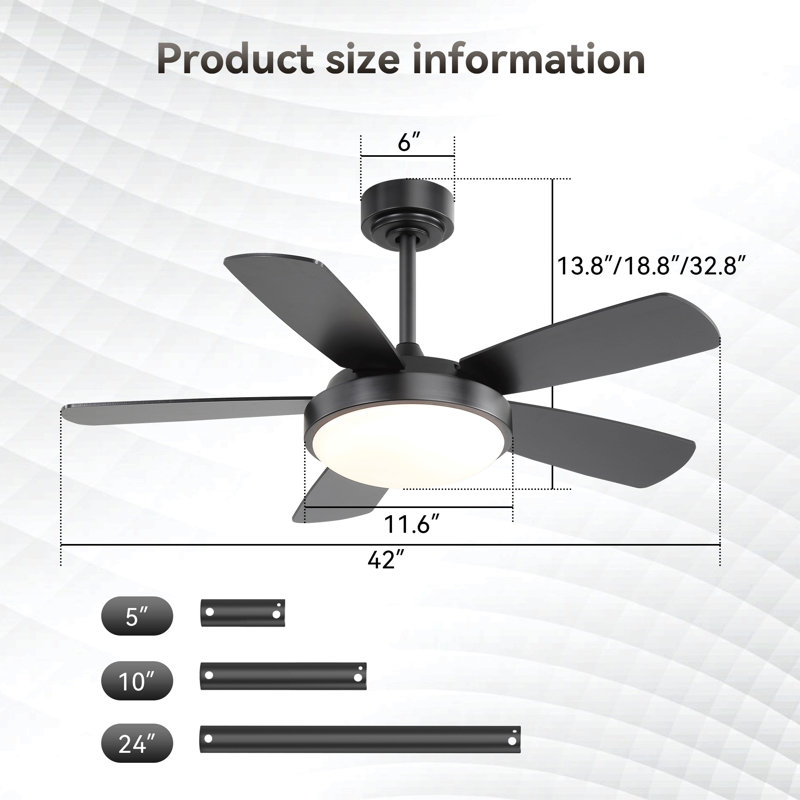 42 Inch Black Ceiling Fan With 22W LED Light And Remote Control MDF Blades Reversible DC Motor, Black