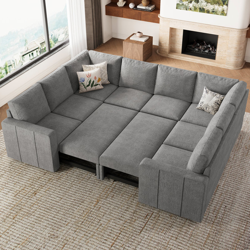 Divan-lit modulaire convertible en U Seybert, Chenille gris pâle