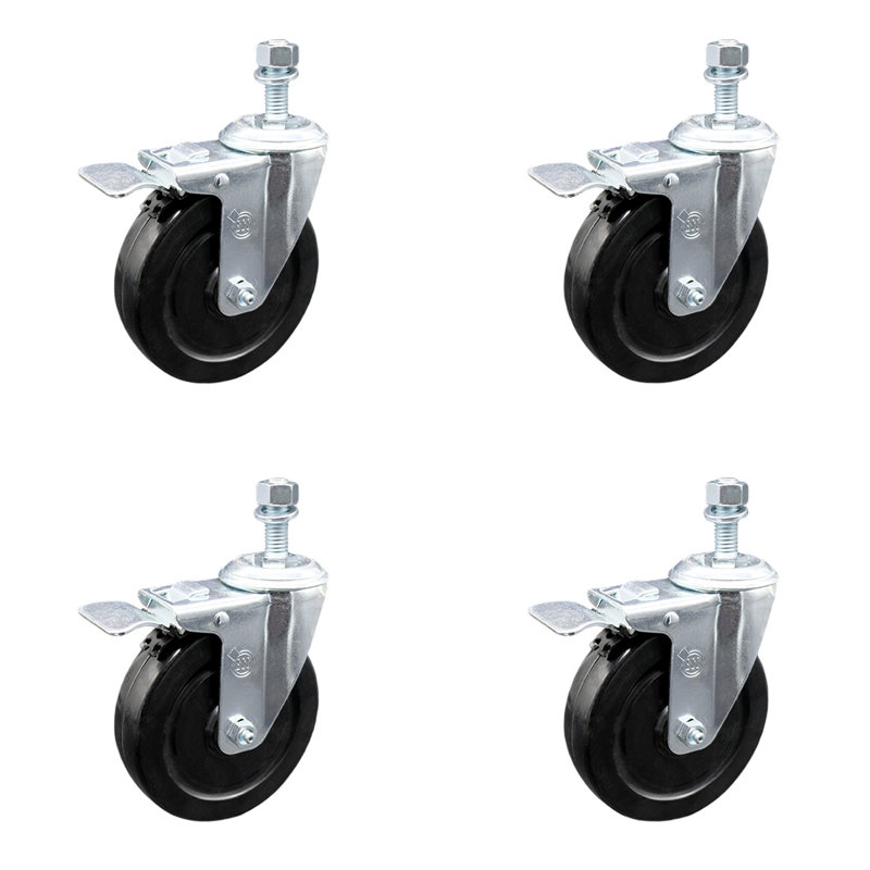 Rubber Swivel ½ Inch Threaded Stem Caster Set with Total Lock Brake