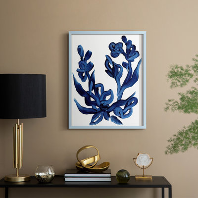 «Indigo Brush Blooms I», reproduction encadrée - bois massif