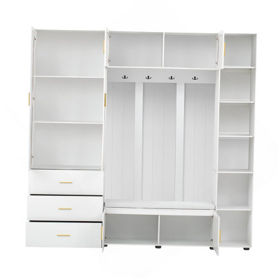 U-Can American Style 4-in-1 Hall Tree with Padded Bench, 4 Hooks, and Adjustable Storage Shelves