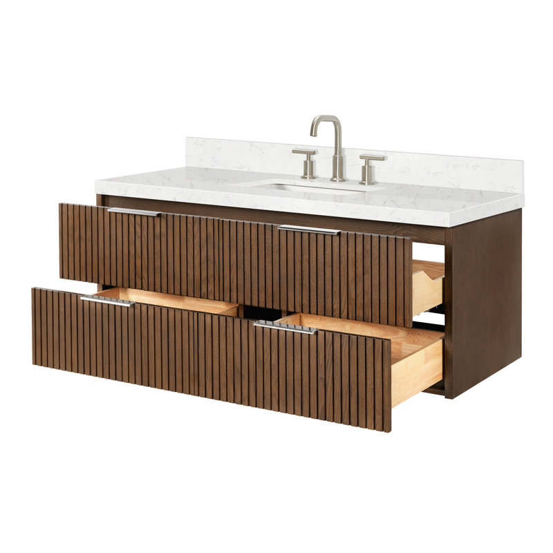 Ensemble de meuble-lavabo mural rectangulaire simple 54 po avec comptoir à quartz blanc Carrara de 1,5 po Mulloy, Chêne brun