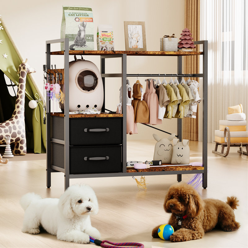 Garde-robe autoportant pour animaux avec 2 tiroirs, 4 crochets et une tringle pour rangement pour chien et chat