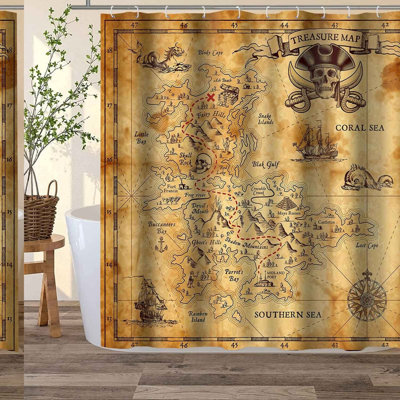 Vintage Nautical Treasure Map Shower Curtain - Rustic Pirate Island Bathroom Decor, Polyester Fabric with 12 Hooks