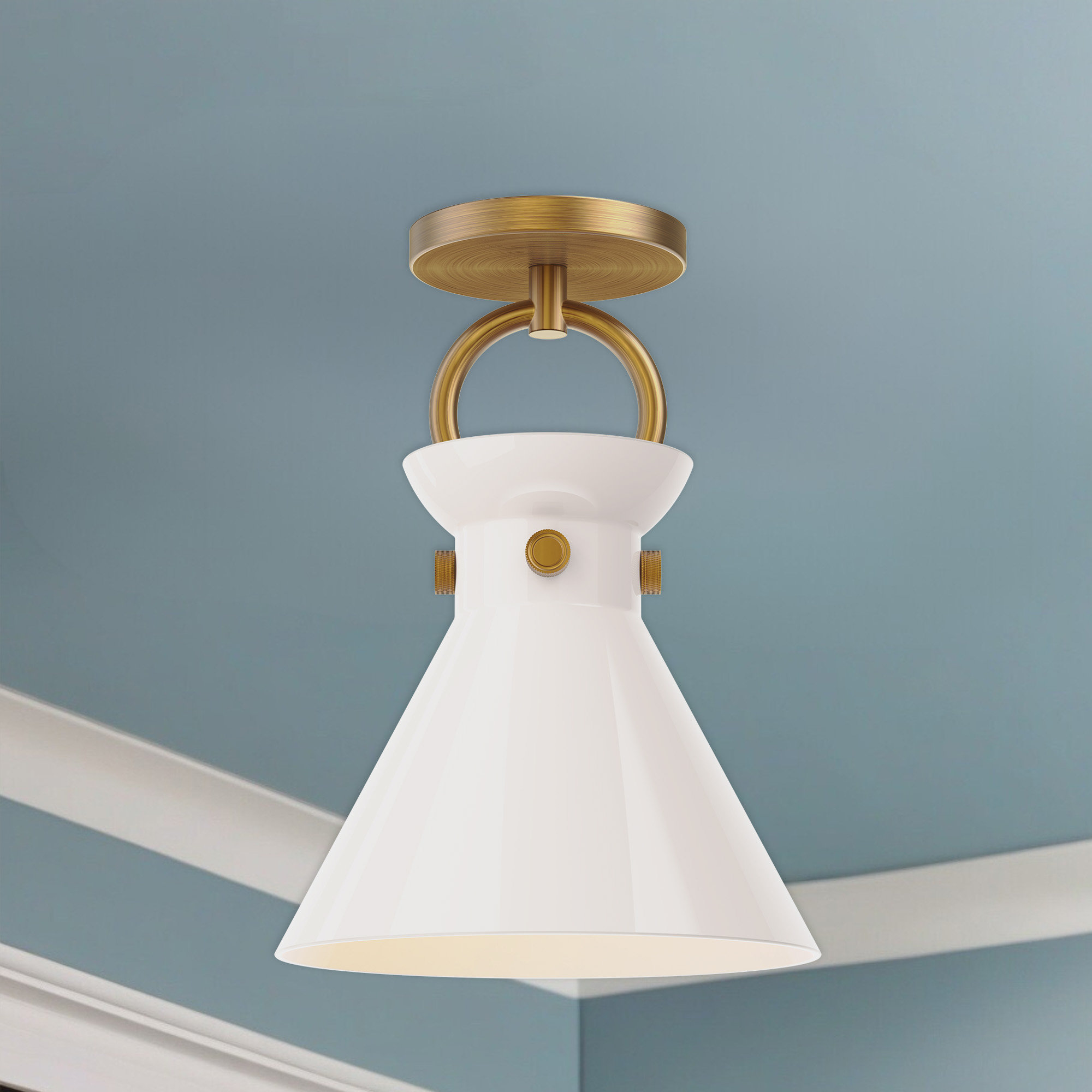 Tiney Single Light Glass Semi Flush Mount, Aged Gold, Glossy Opal