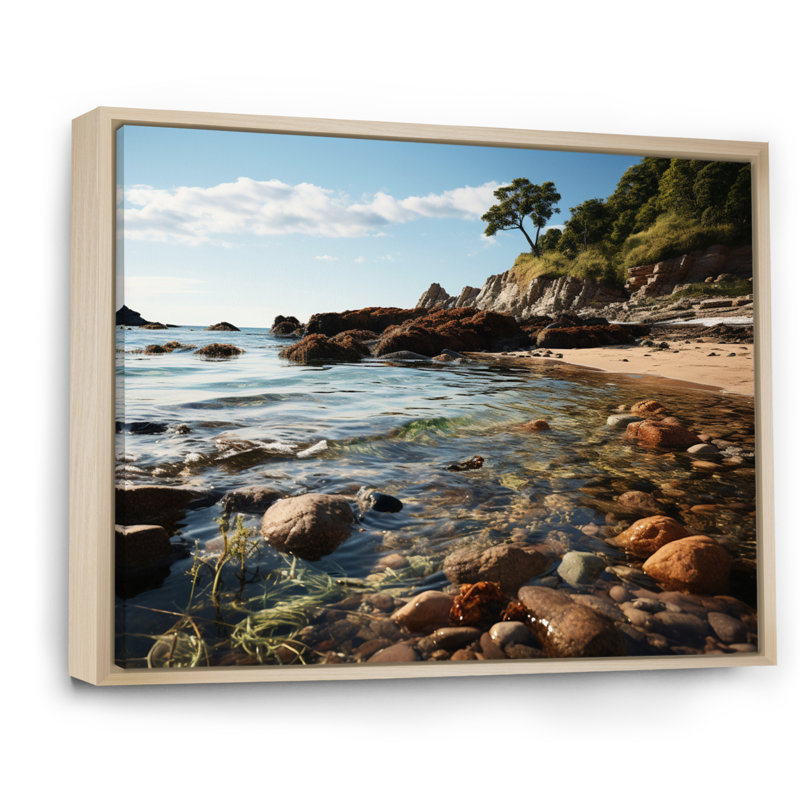 «Rocky Beach Tides Embrace II» - Art mural sur toile nautique et plage, 24" H x 32" W, Cadre naturel flottant