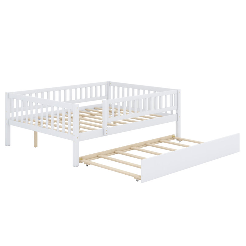 Wood Daybed with Trundle and Fence Guardrails, Full, White