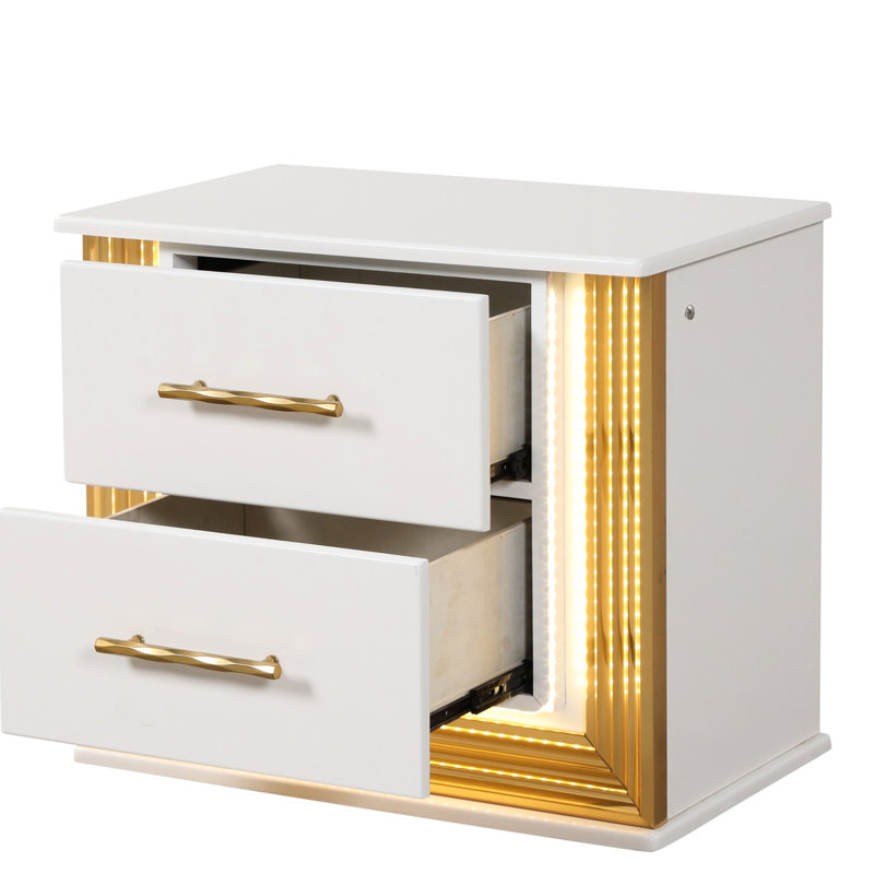 Table de chevet contemporaine 2 pour chambre à coucher - Armoire à DEL en bois blanc avec éclairage