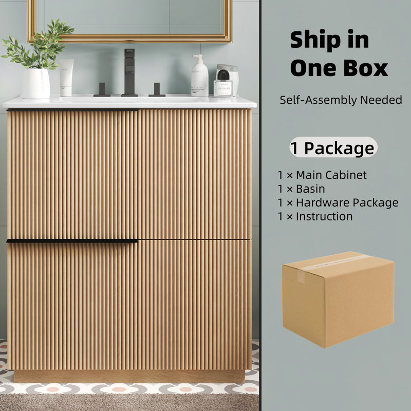 30" Bathroom Vanity with Ceramic Sink & Full-Extension Soft Close Undermount Drawers, Fluted Panel Design, Natural Finish