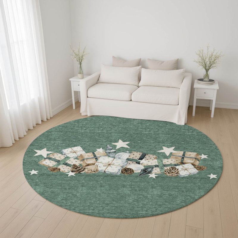 Premium Machine Washable Castillon AMF1825 Stars and Presents Holiday Rug, Round 8'