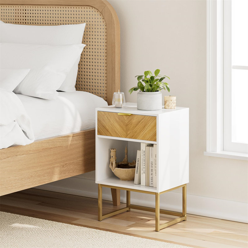 Table With Storage Drawer And Open Shelf,Side End Table For Bedroom,Living Room,Office White