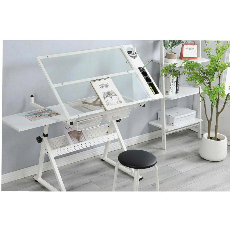 adjustable tempered glass drafting printing table with chair, White