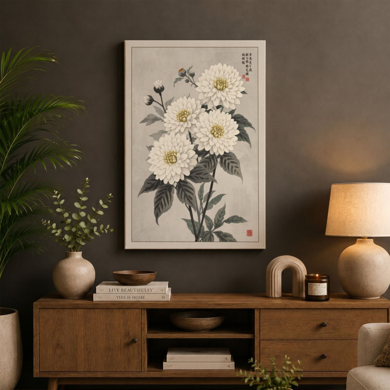 White Chrysanthemums Japandi - Wrapped Canvas, 36x24 - 91.4 x 61.0 cm, Terracotta Border