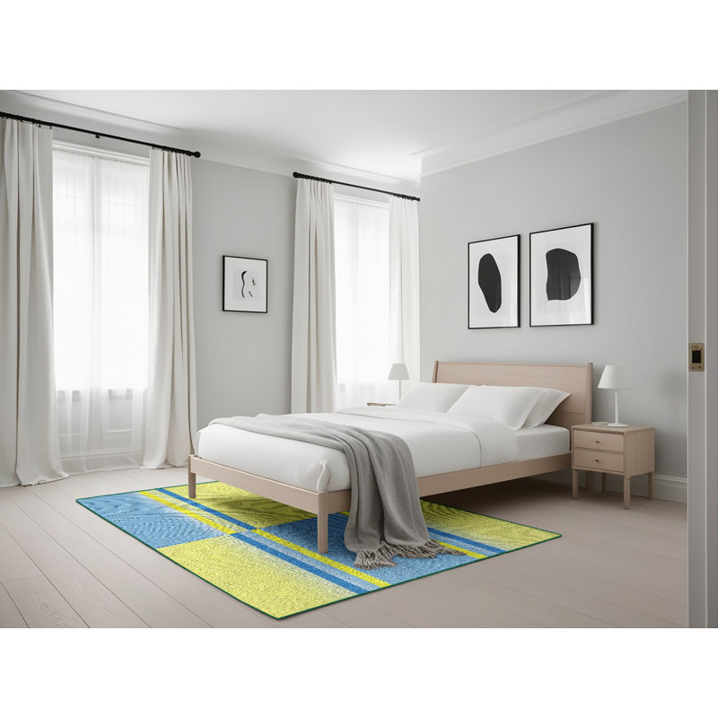 Tapis bleu ciel/bleu marine à motifs, Rectangle 5 pi x 7 pi