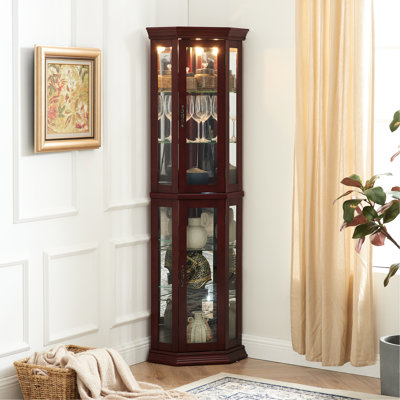 Adjustable Shelf Curio Show, Cherry, Lights, Mirrored Back Cabinet With Back, Unit