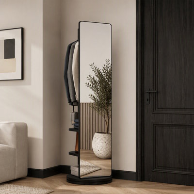 360° Rotating Full Length Mirror with Coat Rack, Solid Wood Frame, Space-Saving
