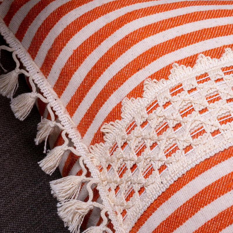 Arum Striped White Square Cushion Cover, Coral Red