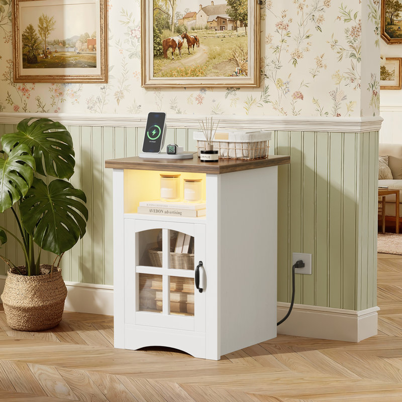 Farmhouse Nightstand with Color-Changing LED & 20W Fast Charging, Glass Door Bedside Table with Open Shelf, Night Stand for Bedroom or Living Room
