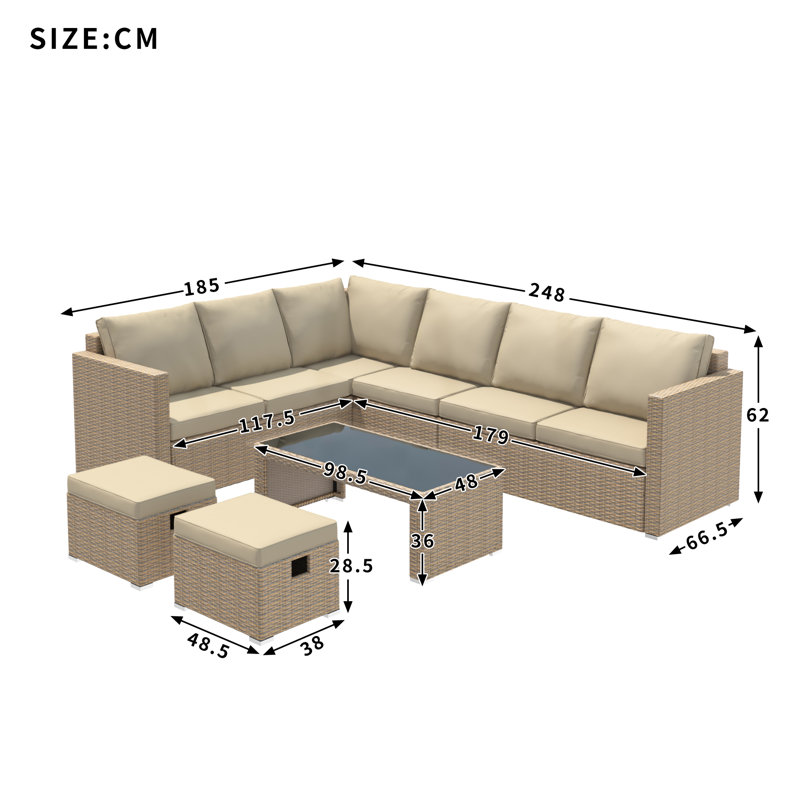 Outdoor Conversation Set 5 Places With L Shape Sofa, 2 Stools And 1 Coffee Table Khaki
