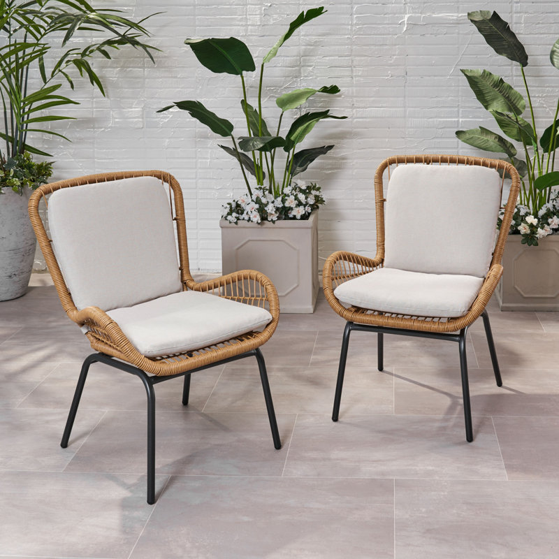 Ensemble de 2 chaises d'extérieur en osier avec coussins Mccaskill, Beige, Noir / brun clair