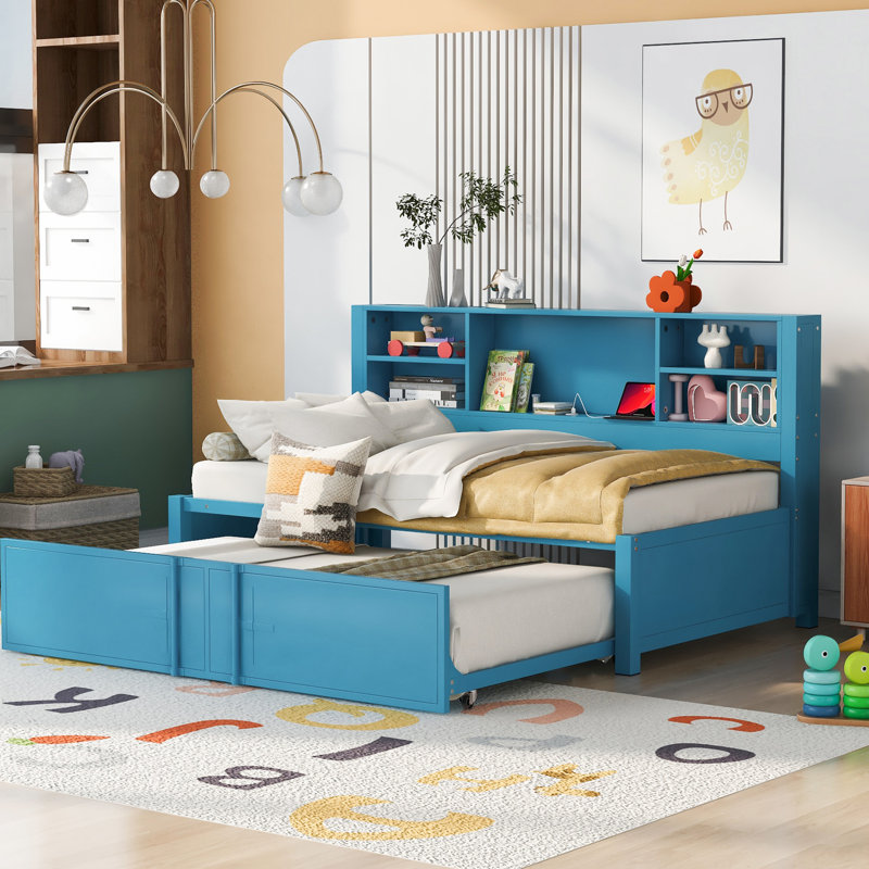 Lit de jour simple en métal avec rangement, ports, couchette - Bleu magnifique dans la couchette, rangement au design exquis
