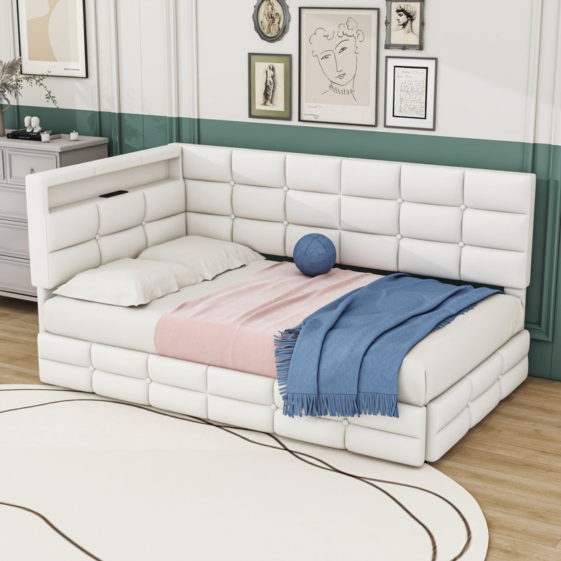 Lit de jour simple rembourré avec 2 tiroirs et lumières DEL, Beige