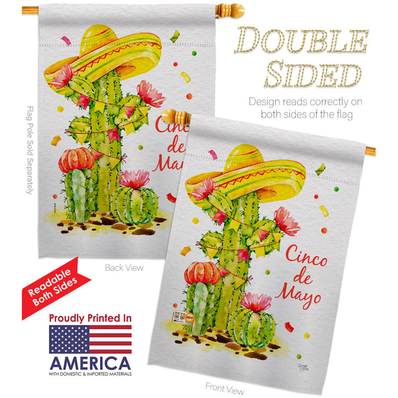 Drapeau de maison estival en polyester 40 po x 28 po Cactus Cinco De Mayo