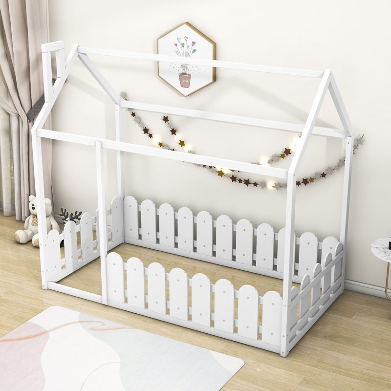 Buteau Twin Size House Bed with Fence, White