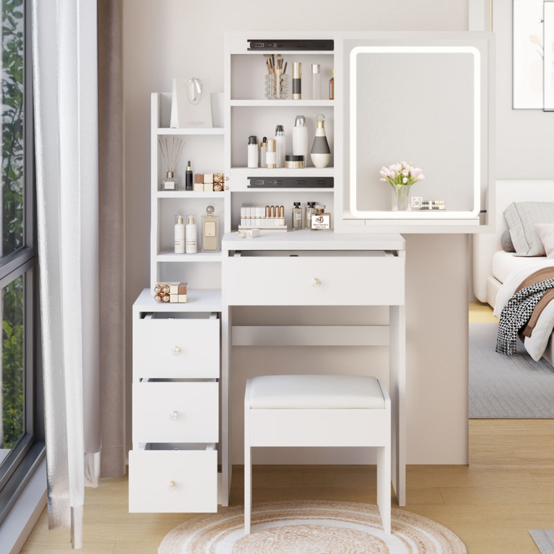 29.2" Small Size Left Bedside Cabinet Vanity Table + Cushioned Stool, Large Sliding, Touch Control, Tri-Color Switching, Brightness Adjust LED Mirror, High Capacity Storage