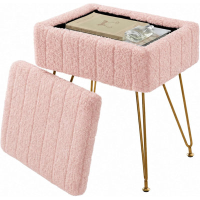 Tabouret de tabouret avec rangement en molleton doux et doux - chaise de coiffeuse rembourrée en fausse fourrure, pieds en métal, pieds antidérapants, chambre à coucher, salon, maquillage, rose, molleton doux 15,7 po x 11,8 po x 18,7 po